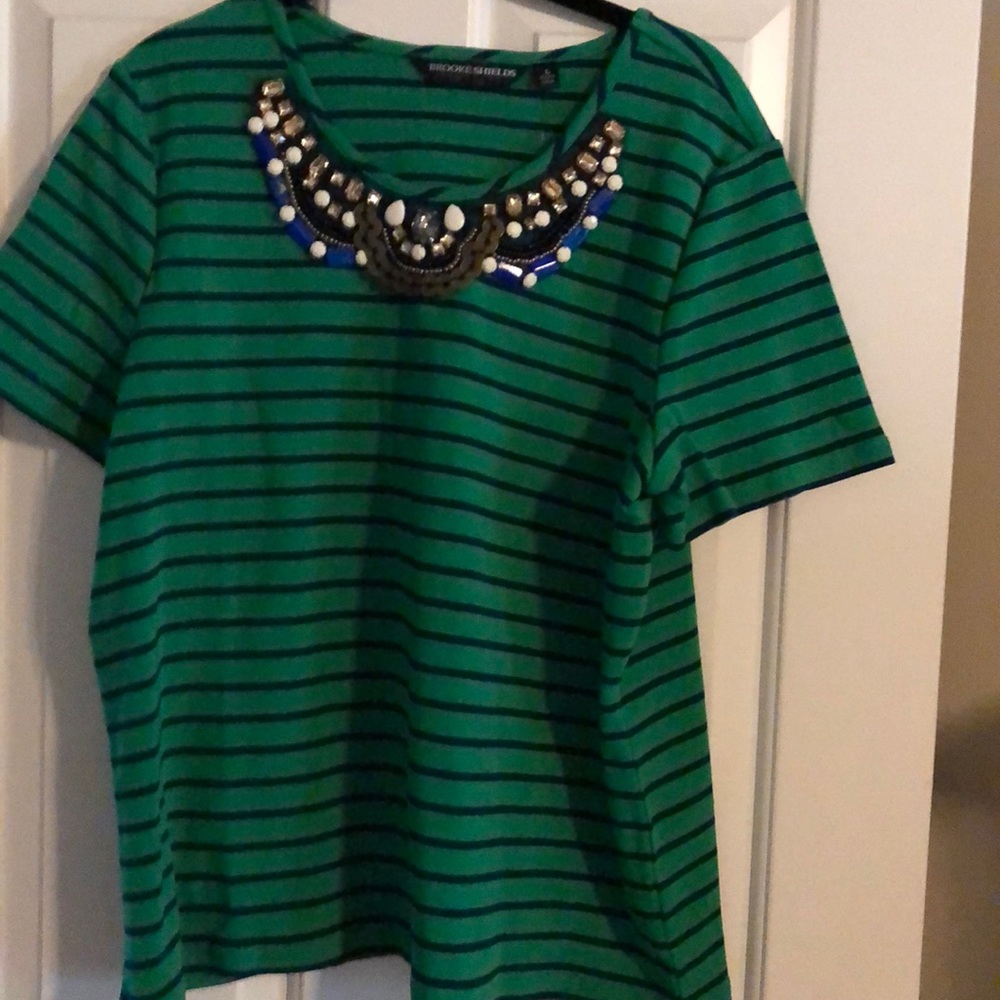 Brooke Shields green/navy stripe jeweled tee